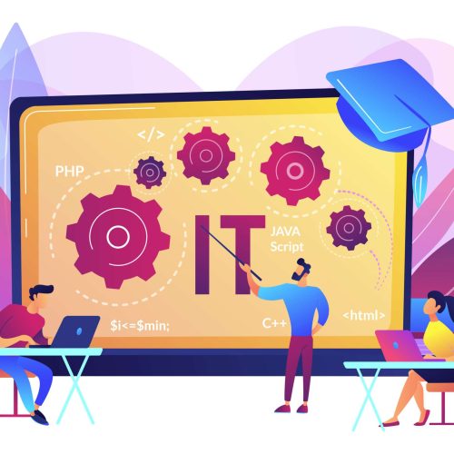 Software development. Programming, coding learning. Information technology courses, IT courses for all levels, computing and hi tech course concept. Bright vibrant violet vector isolated illustration