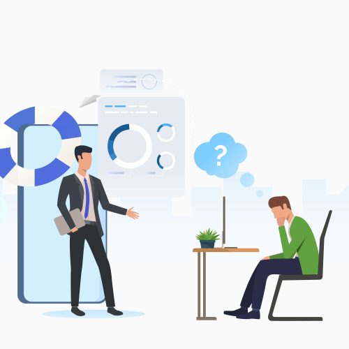 Business consultant and thoughtful man working on laptop. Planning, marketing, information concept. Vector illustration can be used for topics like business, analysis, consulting